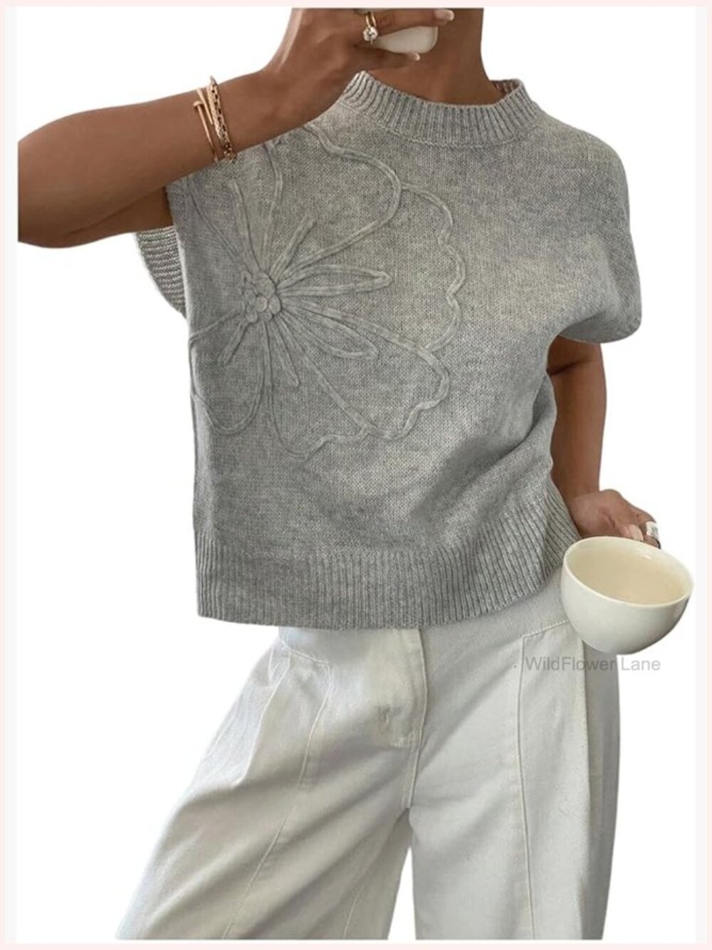 Women's Short Sleeve Sweater 3D Floral Pullover Tank Top Knit Vest